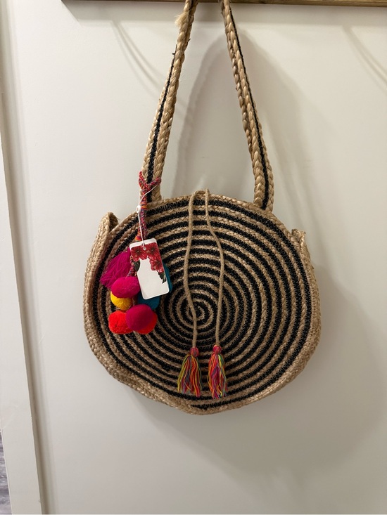 America and beyond Handbags - Round Straw Spiral Tote with Black Weave and Colorful Pom Tassels NWT